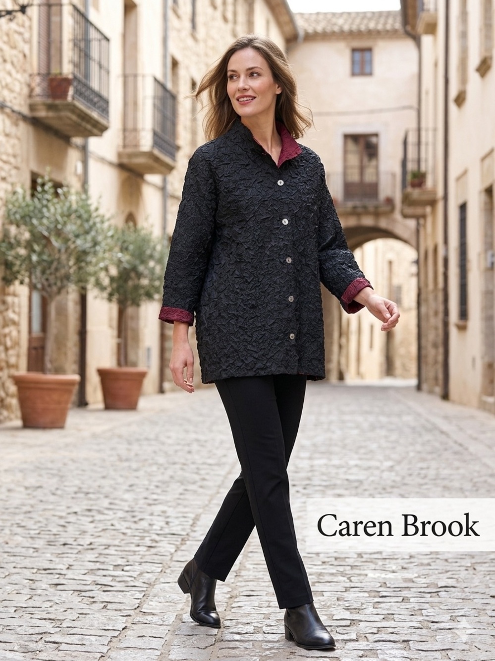 Black Textured Button-Front Jacket with Burgundy Trim